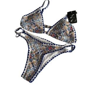 NWT BIKINX Thong Micro Bikini Triangle Blue/White 2 Piece Swimwear Size Medium